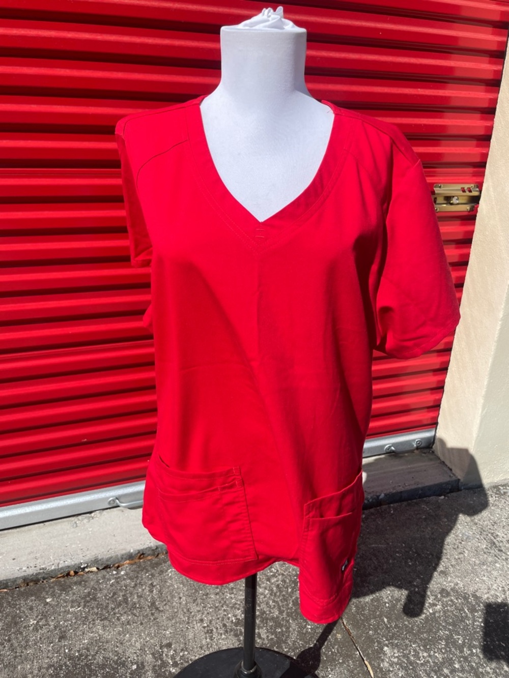 Women’s V-Neck Red Scrub Top with Front Pockets